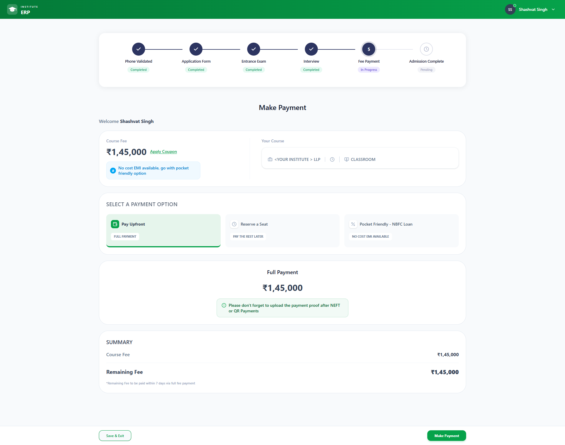 Course fee payment inside the portal